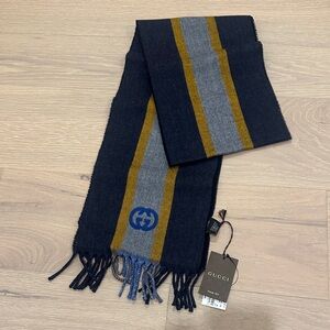 Authentic brand new Gucci Men's Navy, Gray & Mustard Stripe Wool Scarf